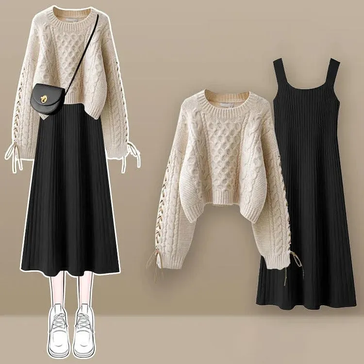 Vintage Lace Up Cable Sweater Knit Slip Dress Two Piece Set