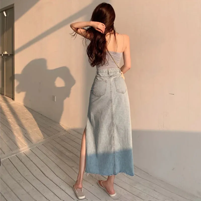 Vintage Style with Side-slit Denim Maxi Skirts