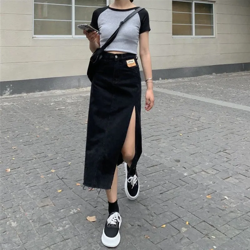 Vintage Style with Side-slit Denim Maxi Skirts