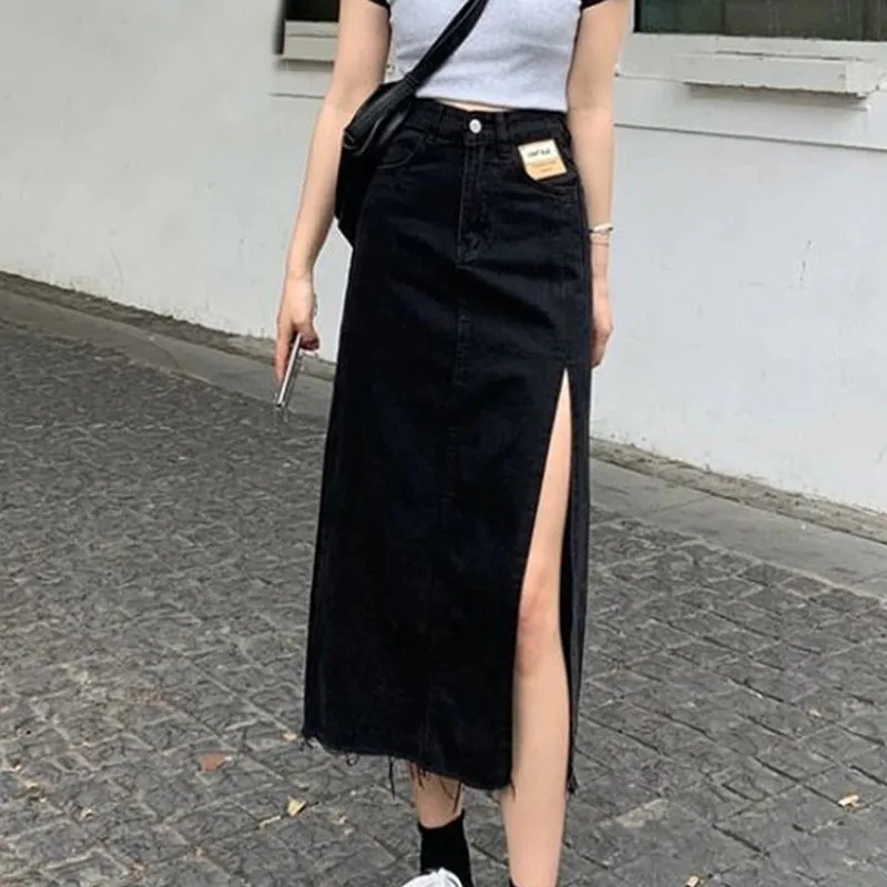 Vintage Style with Side-slit Denim Maxi Skirts