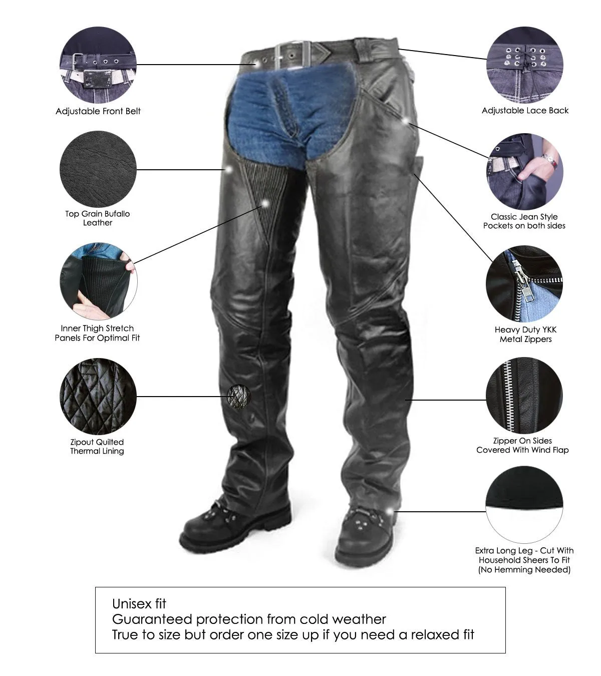 VL806S Zip-Out Insulated Pant Style Motorcycle Leather Chaps