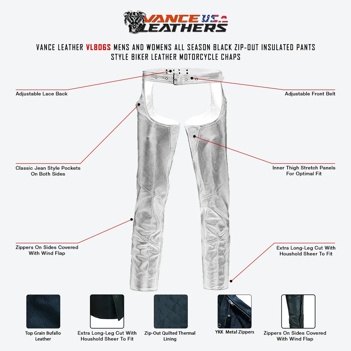 VL806S Zip-Out Insulated Pant Style Motorcycle Leather Chaps