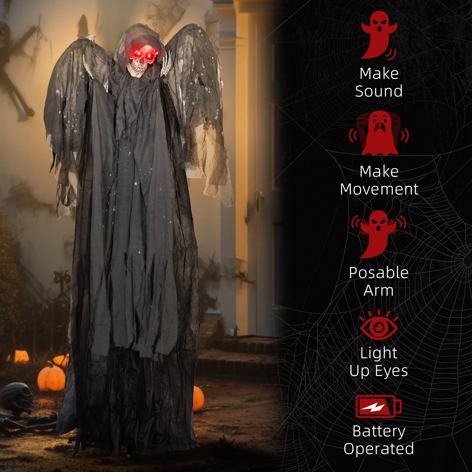 Winged Grim Reaper Animatronic Prop w/ Light Up Eyes, for Haunted House