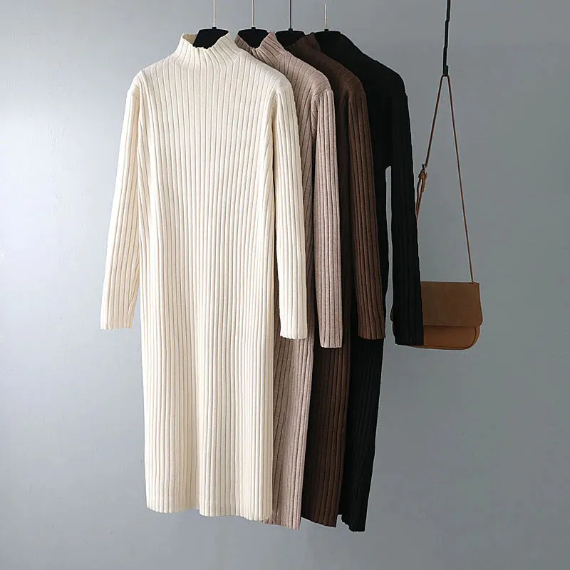 Winter Thick and Straight  Knitted Turtleneck Pullover Maxi Sweater Dresses