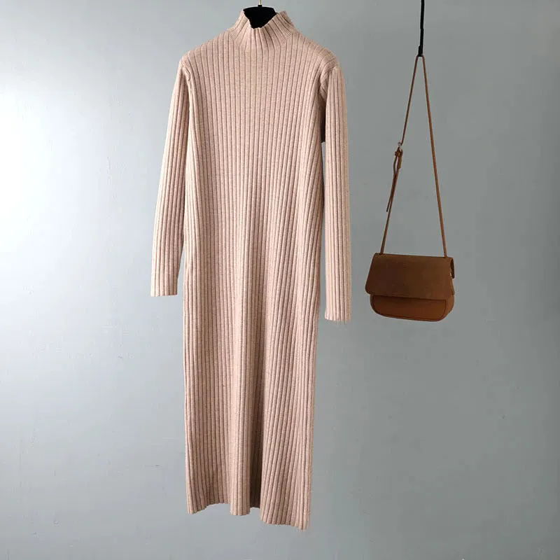 Winter Thick and Straight  Knitted Turtleneck Pullover Maxi Sweater Dresses