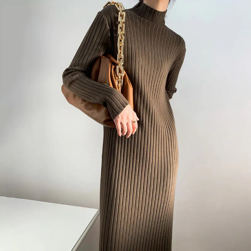 Winter Thick and Straight  Knitted Turtleneck Pullover Maxi Sweater Dresses