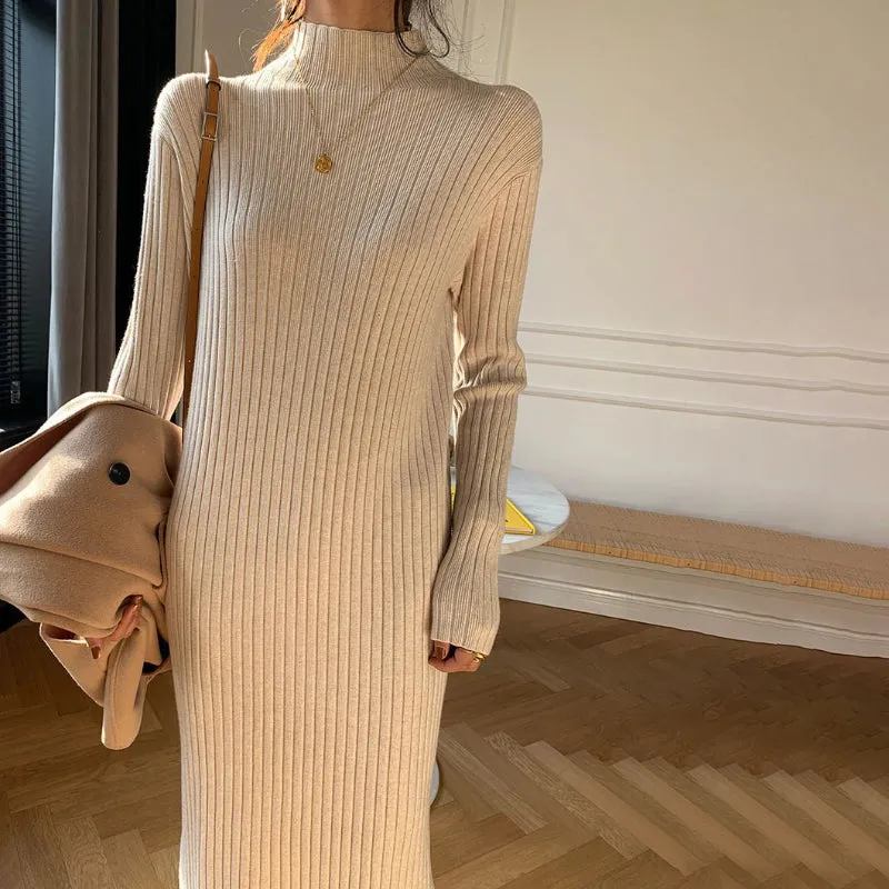 Winter Thick and Straight  Knitted Turtleneck Pullover Maxi Sweater Dresses