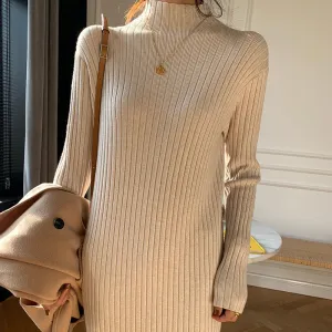 Winter Thick and Straight  Knitted Turtleneck Pullover Maxi Sweater Dresses