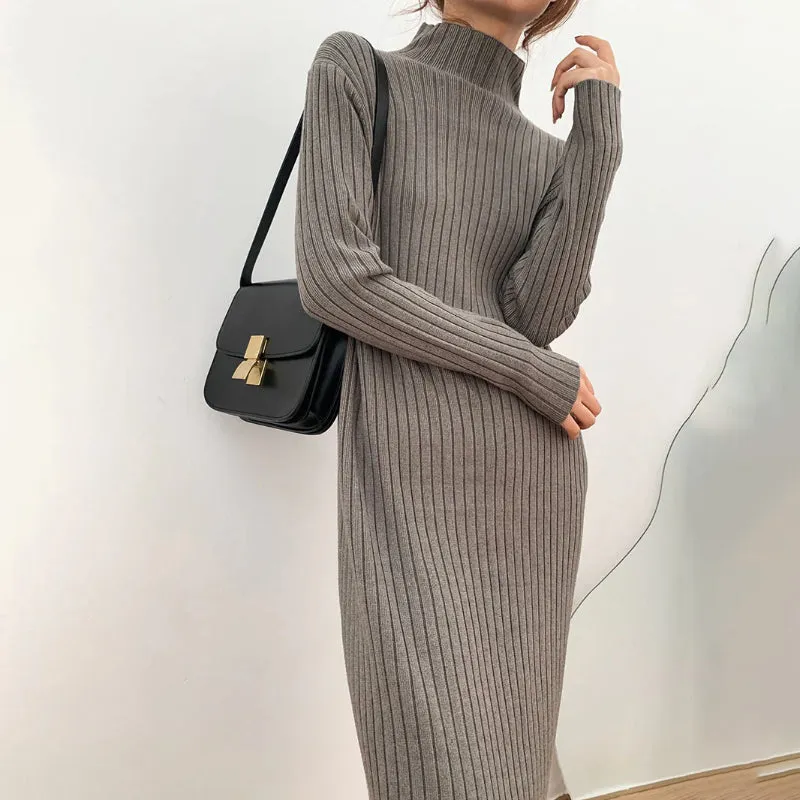 Winter Thick and Straight  Knitted Turtleneck Pullover Maxi Sweater Dresses