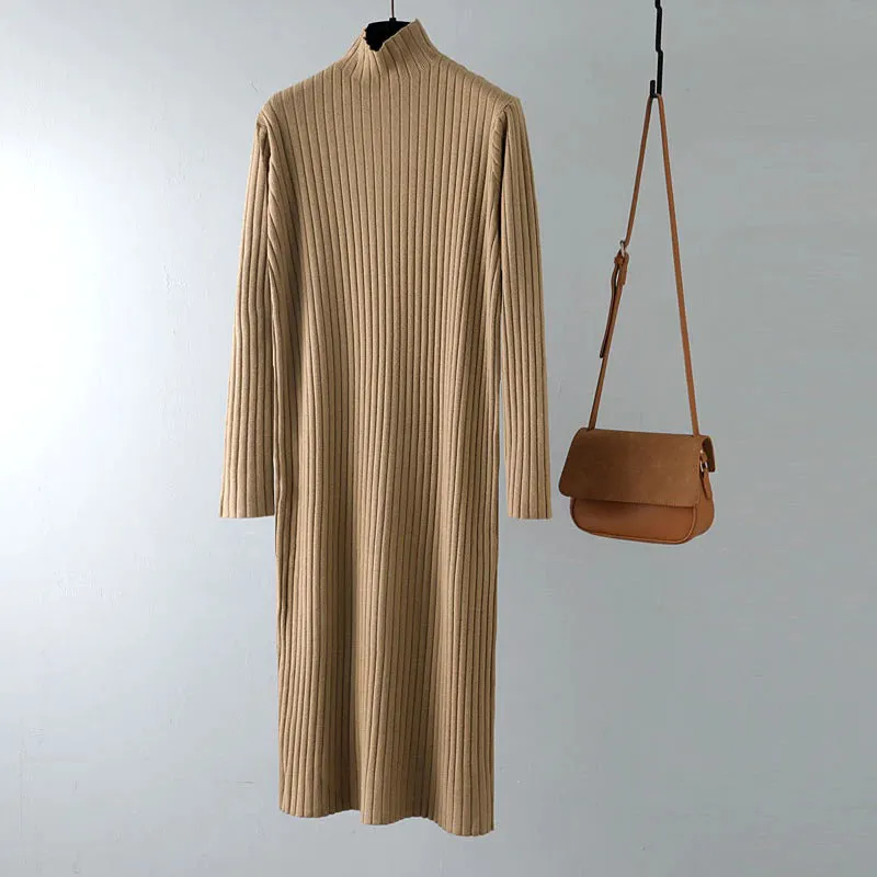 Winter Thick and Straight  Knitted Turtleneck Pullover Maxi Sweater Dresses