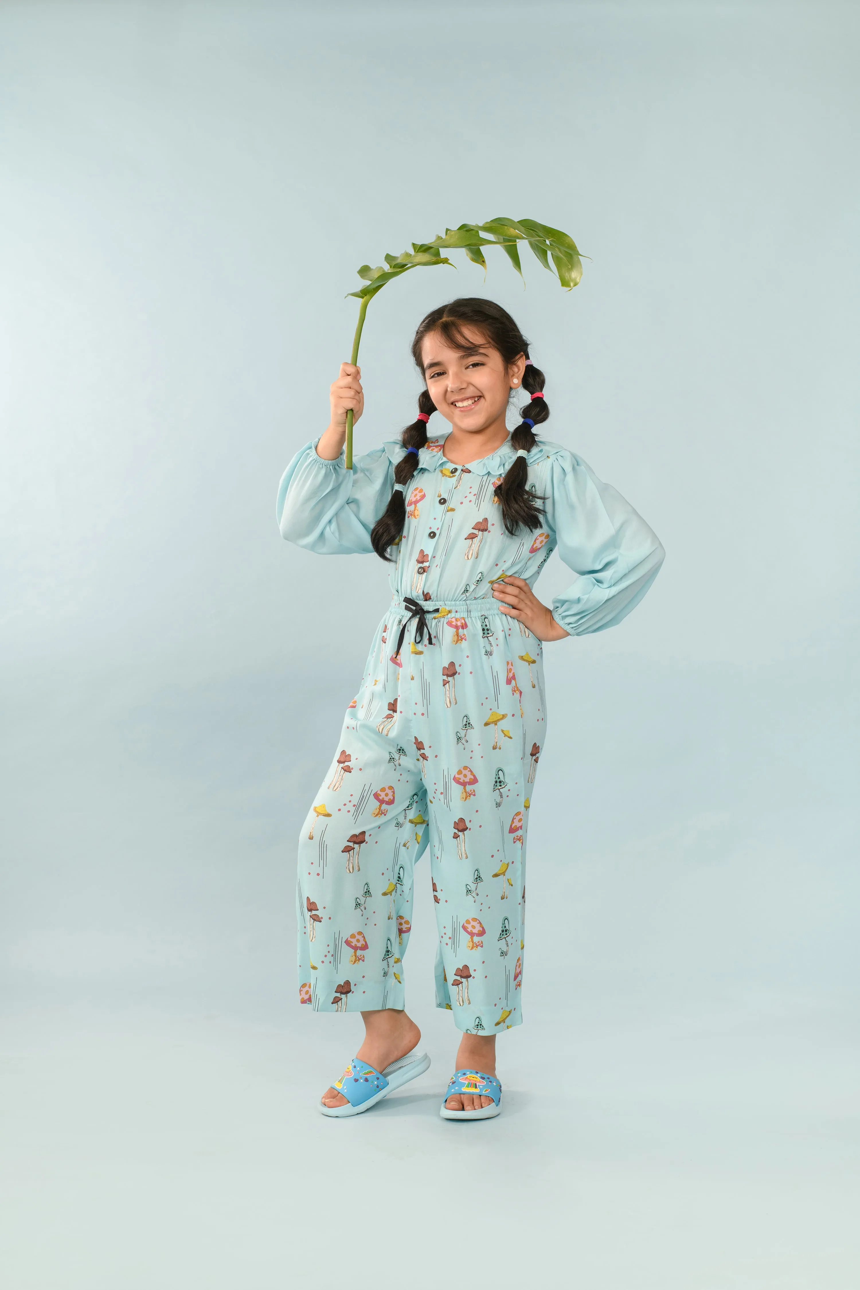 Wisteria Leaf- Blue Balloon sleeves Jumpsuit For Girls