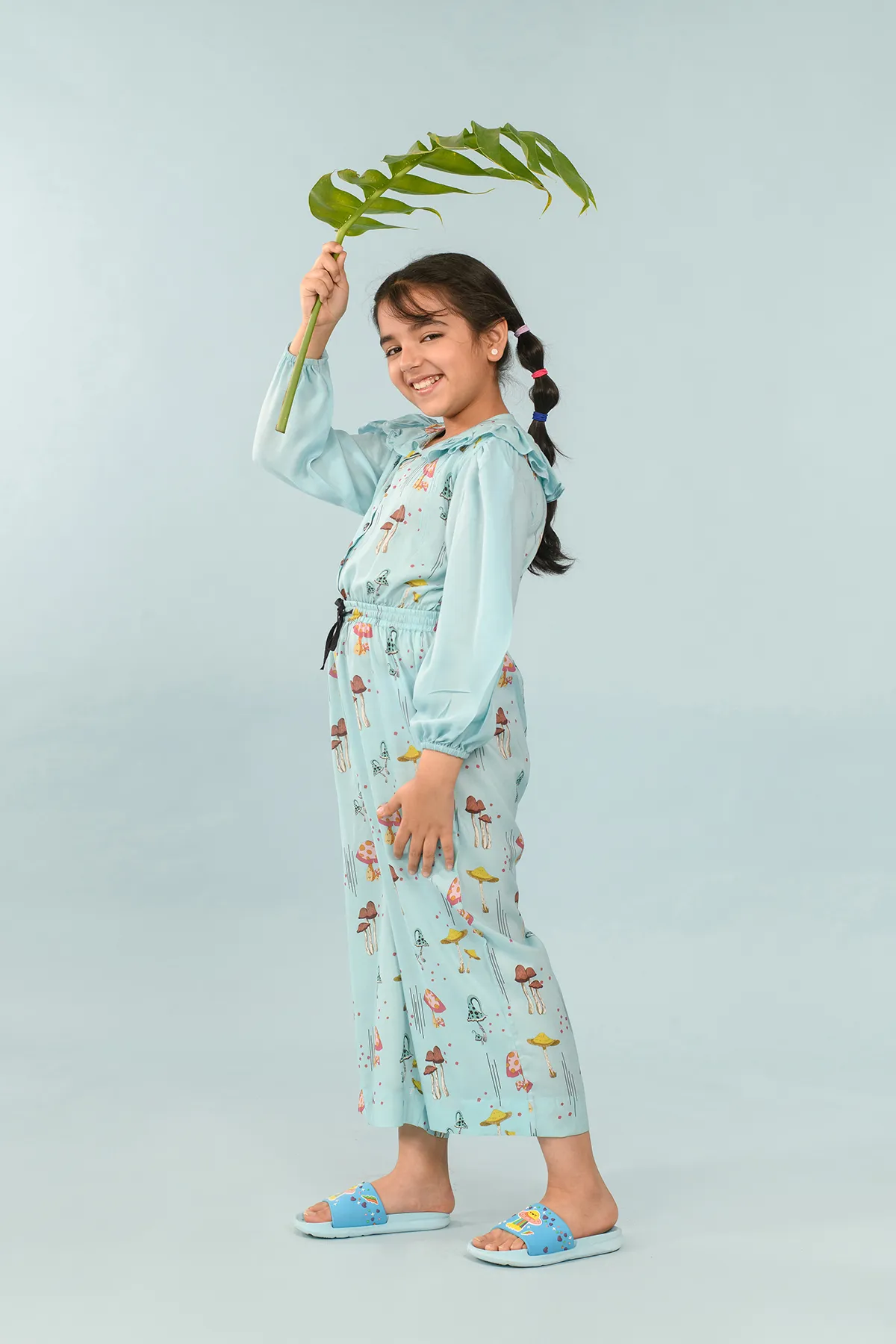 Wisteria Leaf- Blue Balloon sleeves Jumpsuit For Girls