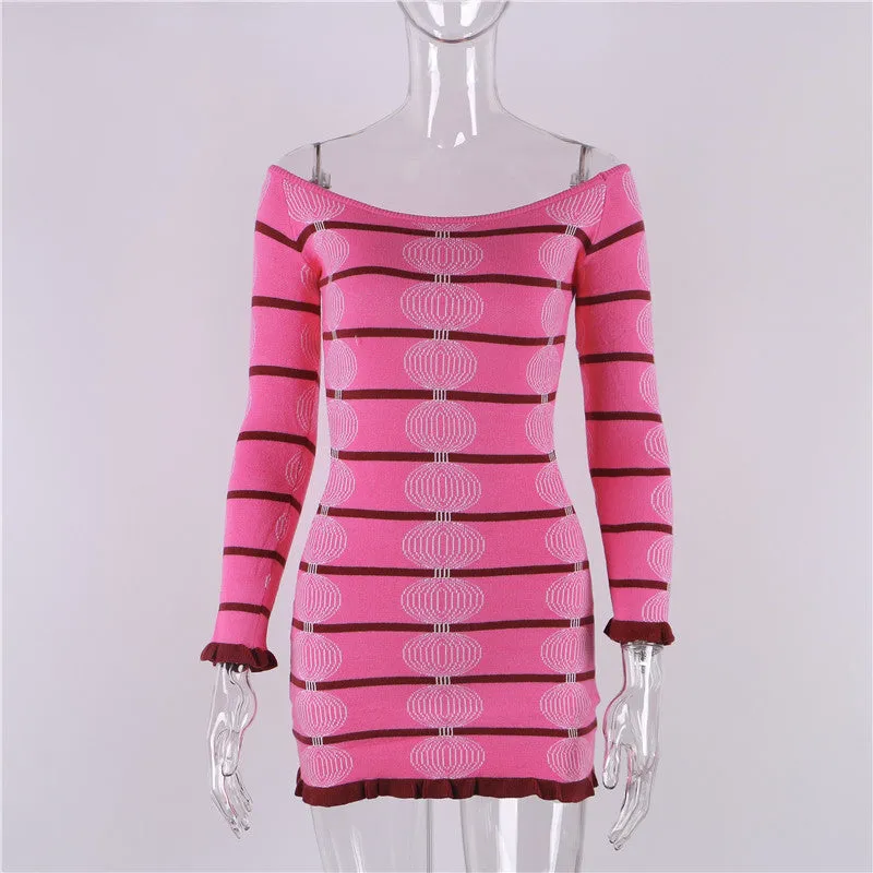 Wjczt dti outfits Long Sleeve Striped off-Shoulder Knitted Skirt New Sexy Tight Sweater Dress Autumn and Winter Dress Women