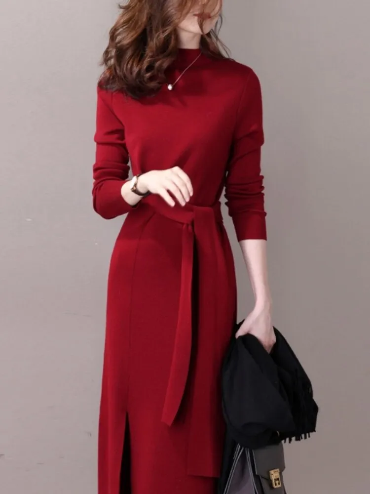 Wjczt Half-necked Knitted Dress Women's Autumn Winter New Strap Temperament Split Base Sweater Skirt Dress for Women Sweaters Pullover