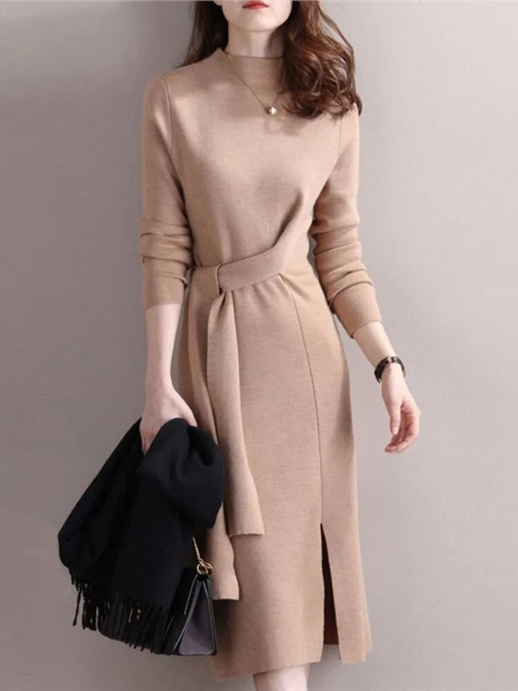 Wjczt Half-necked Knitted Dress Women's Autumn Winter New Strap Temperament Split Base Sweater Skirt Dress for Women Sweaters Pullover