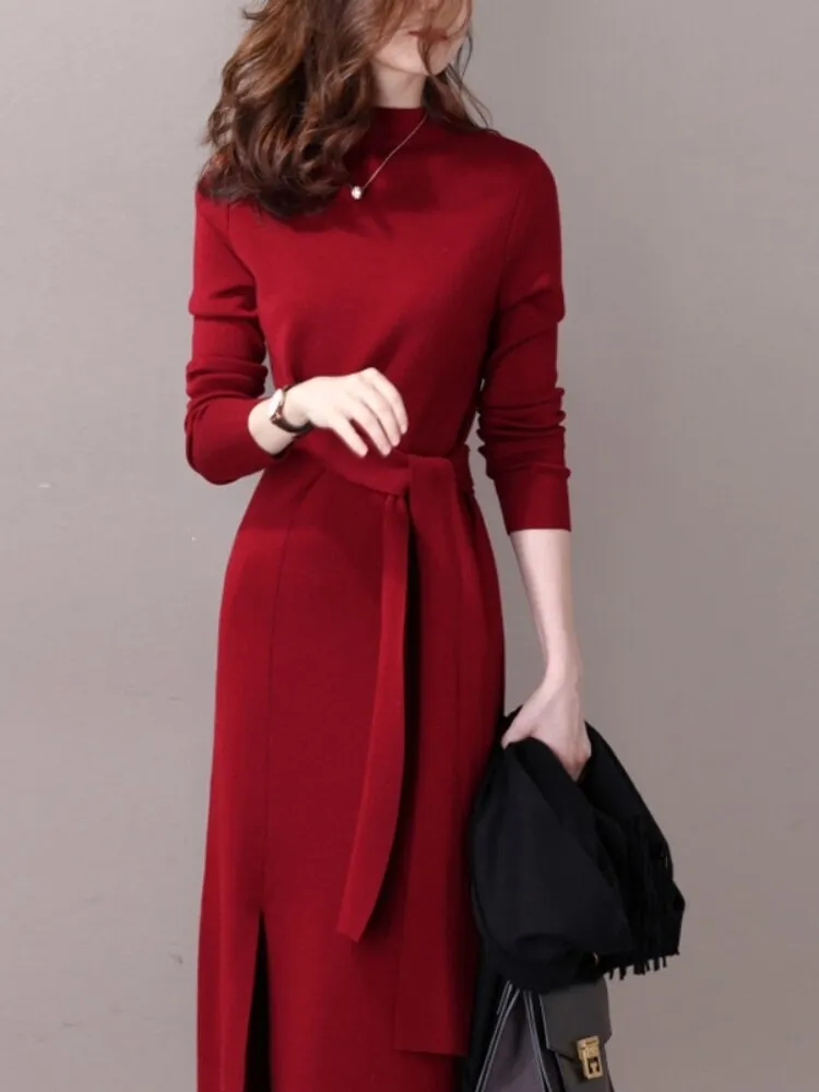 Wjczt Half-necked Knitted Dress Women's Autumn Winter New Strap Temperament Split Base Sweater Skirt Dress for Women Sweaters Pullover