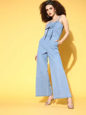 Women Blue Front Tie Up Detail Tencel Jumpsuit