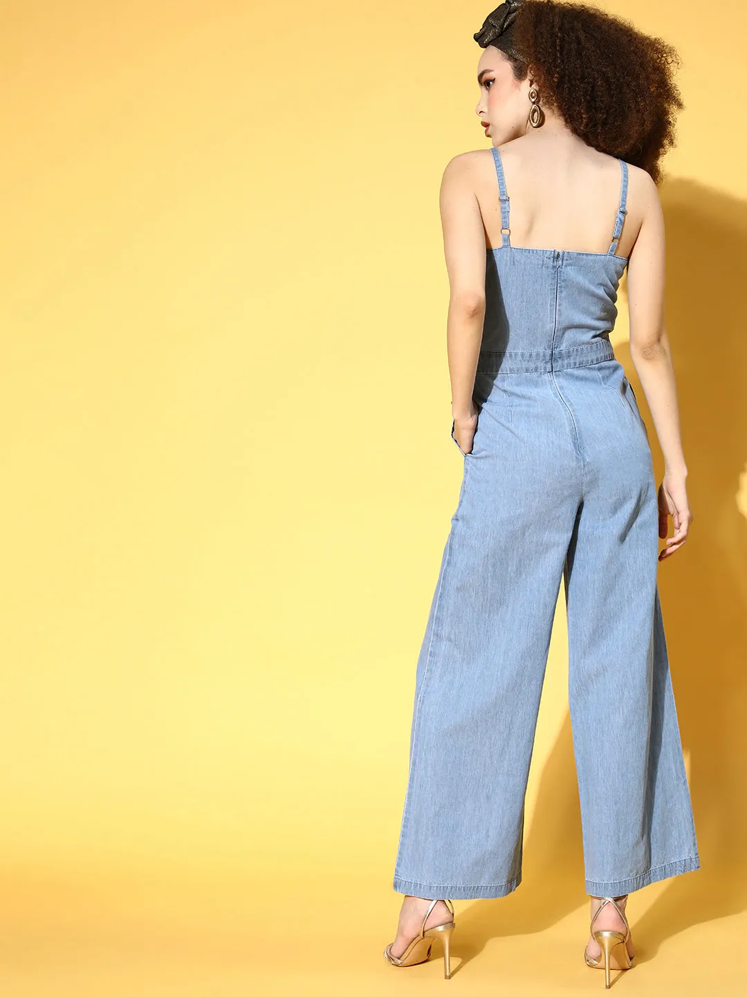 Women Blue Front Tie Up Detail Tencel Jumpsuit