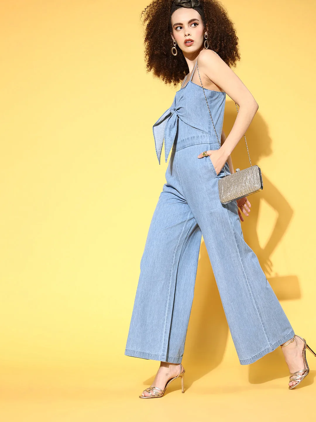 Women Blue Front Tie Up Detail Tencel Jumpsuit