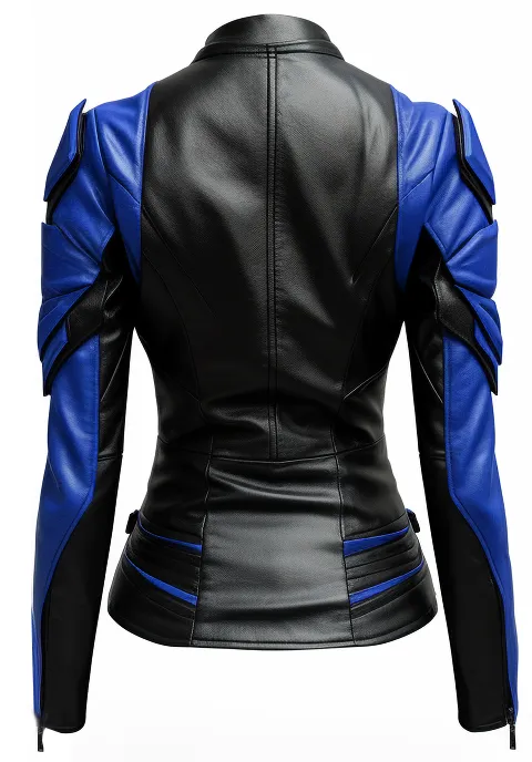 Women Leather Jacket - Blue and Black Faux Leather Jacket