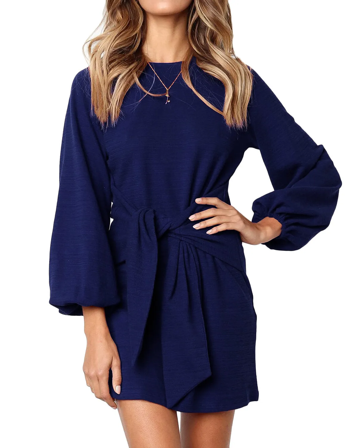 Women Long Sleeve Round Neck Elegant Tie Waist Sweater Mini Dress