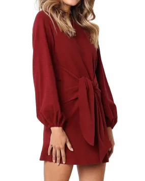 Women Long Sleeve Round Neck Elegant Tie Waist Sweater Mini Dress