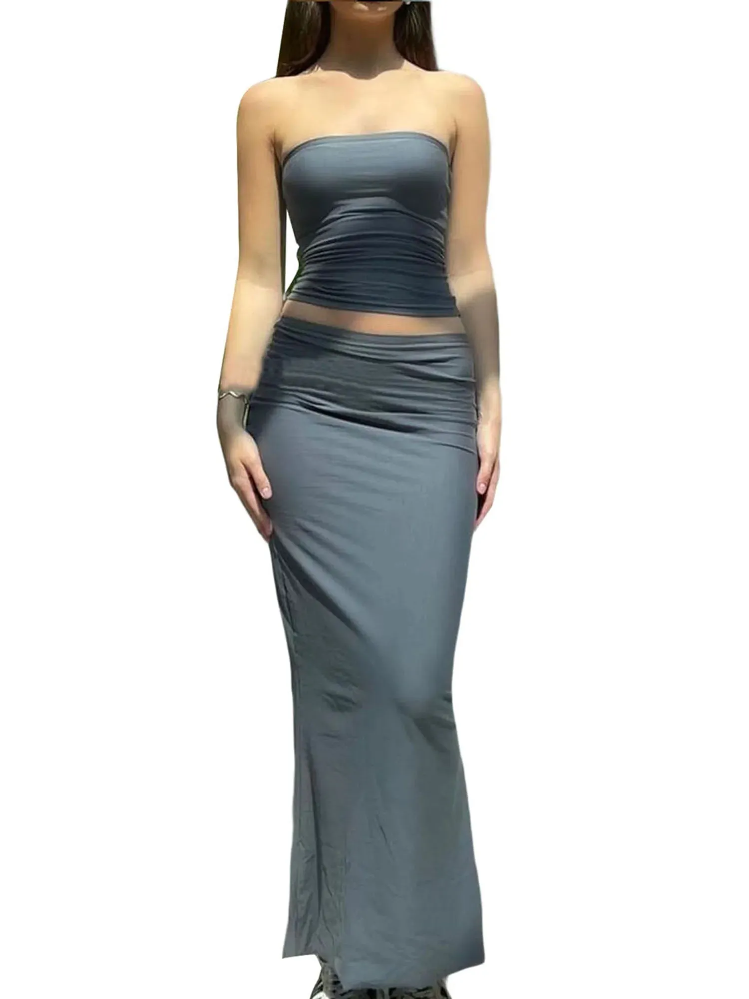 Women s Elegant Solid Color Two Piece Maxi Skirt Set - Strapless Backless Tube Top with High Waist Bodycon Long Skirt - Perfect