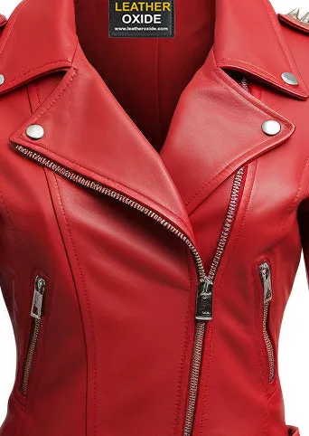 Women Studs Red Leather Jacket