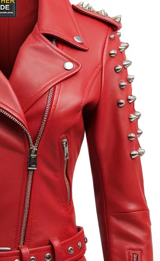 Women Studs Red Leather Jacket