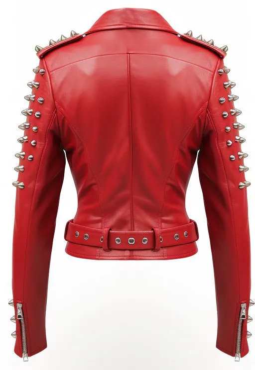 Women Studs Red Leather Jacket