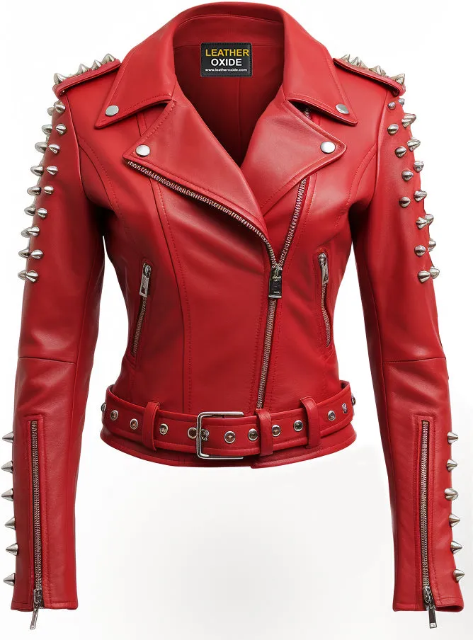 Women Studs Red Leather Jacket