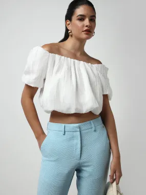 Women White Solid Blouson Crop Top