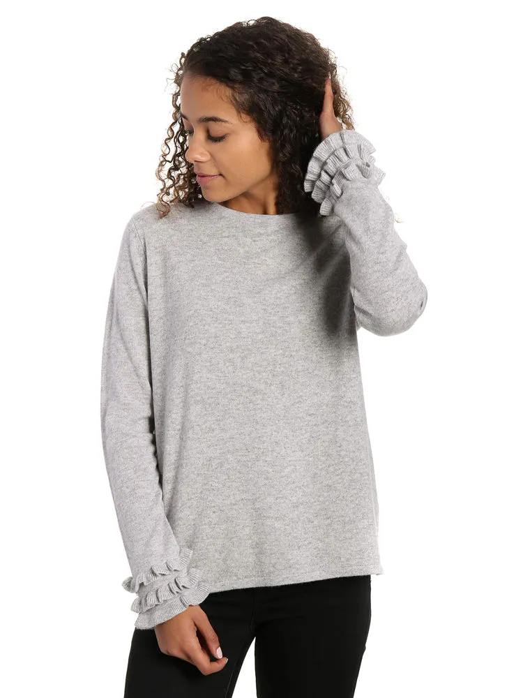 Women's 100% Cashmere Crew Neck Sweater with Ruffle Sleeve