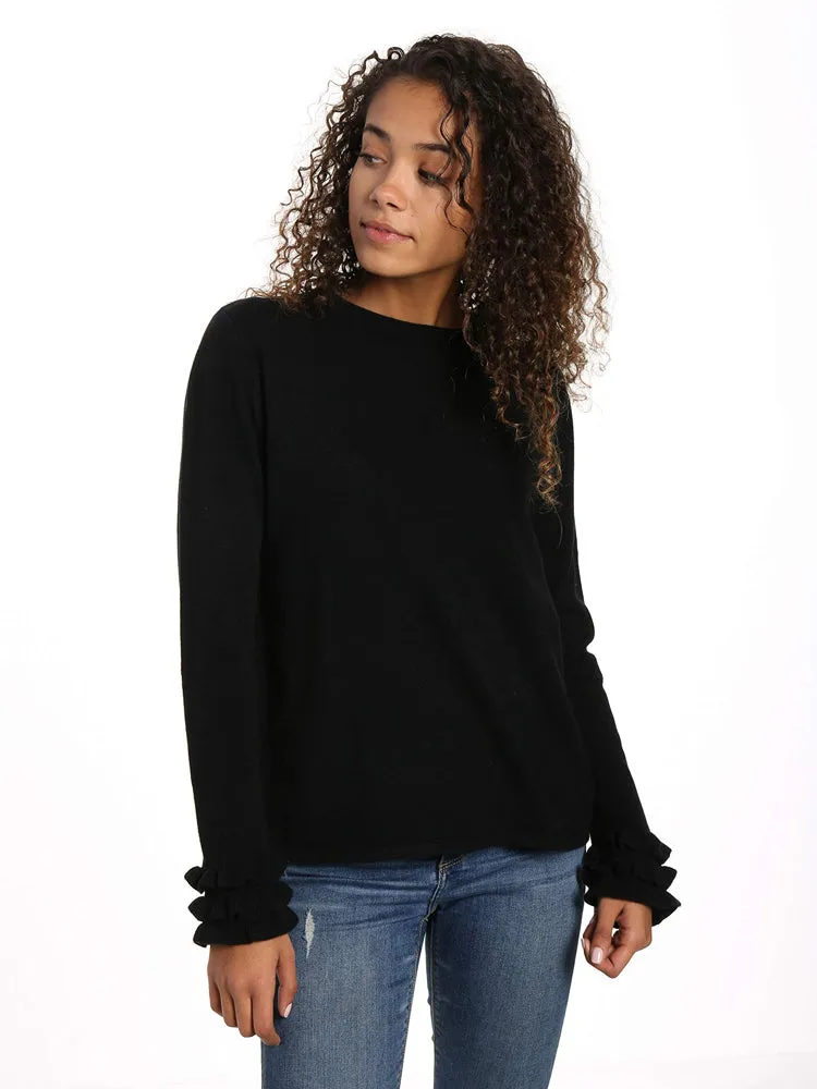 Women's 100% Cashmere Crew Neck Sweater with Ruffle Sleeve