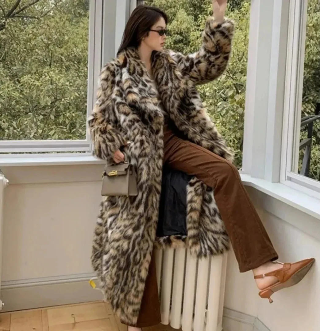 Women's Cozy Full-Length Faux Fur Cheetah Coat