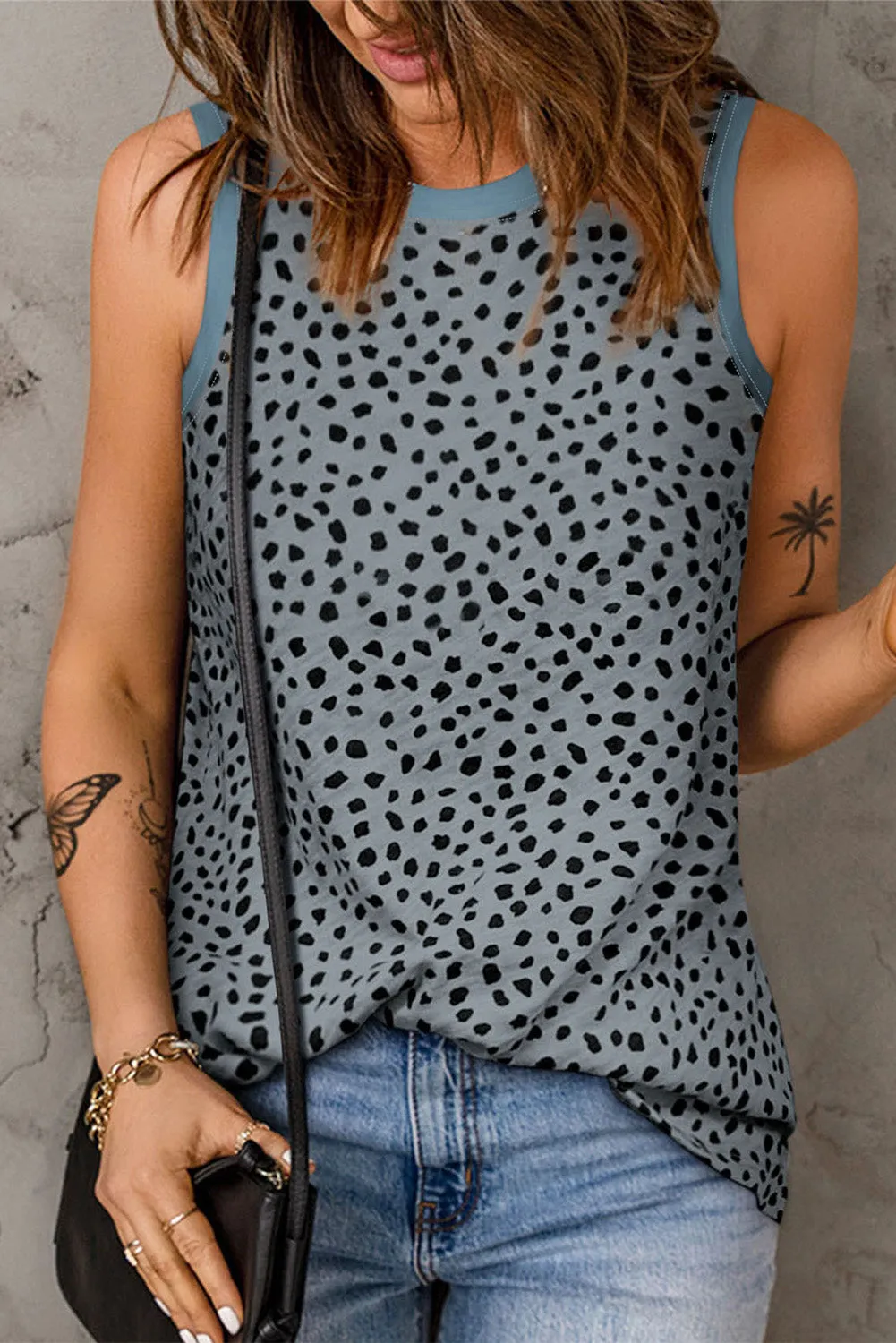 Women's Crew Neck Sleeveless Clothing Polka Dots Tops Shirts Loose Fit Basic Tank Tops