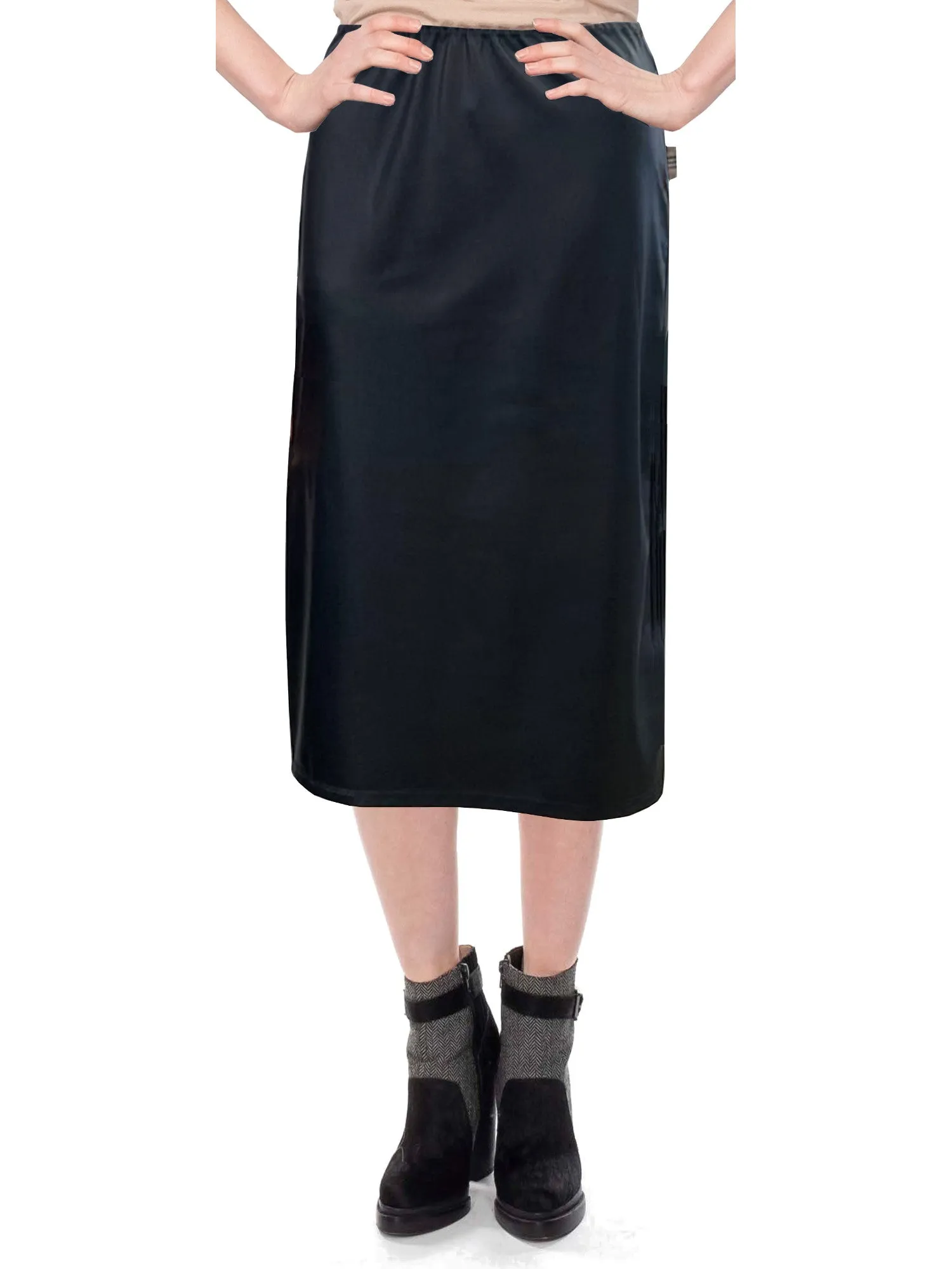 Women's Faux Leather Matte Finish Basic Modest 26" Below the Knee Length Stretch Knit Straight Skirt