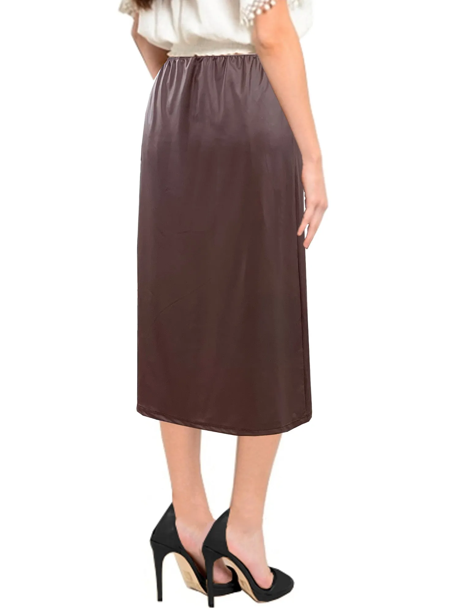 Women's Faux Leather Matte Finish Basic Modest 26" Below the Knee Length Stretch Knit Straight Skirt