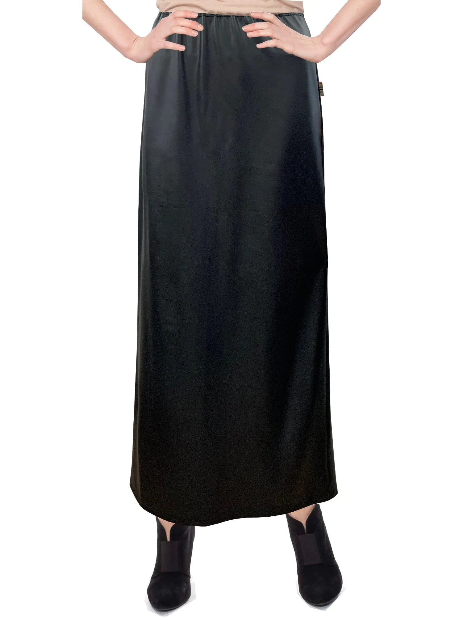 Women's Faux Leather Matte Finish Basic Modest 37" Ankle Length Stretch Knit Straight Skirt