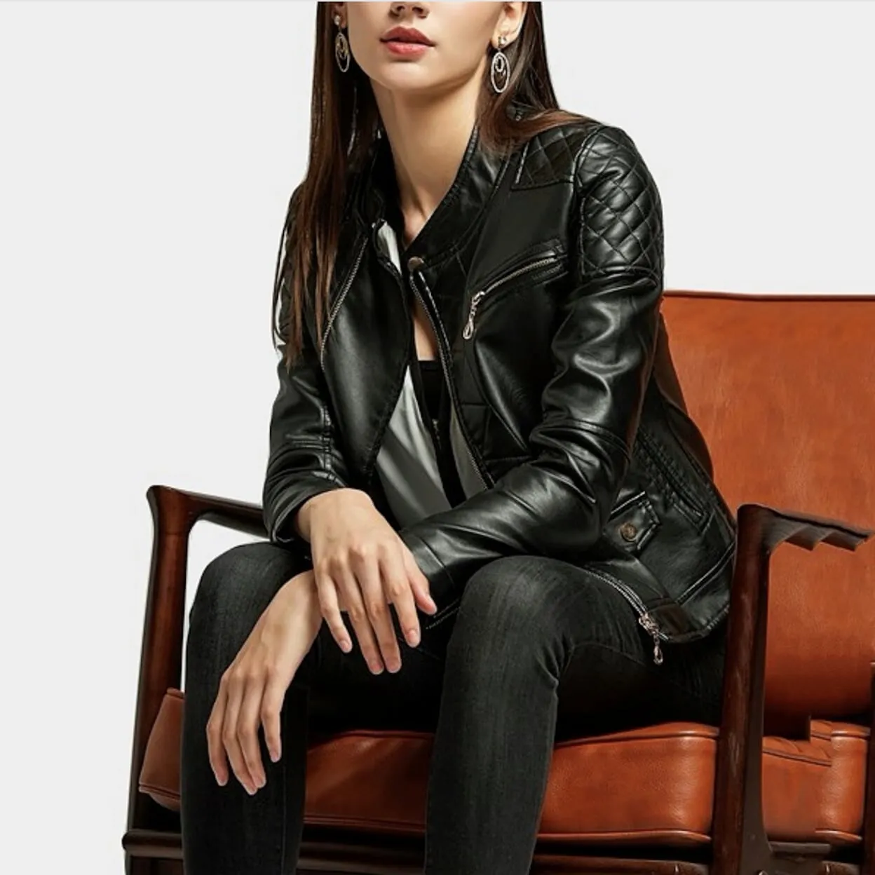 Womens Quilted Vegan Leather Jacket