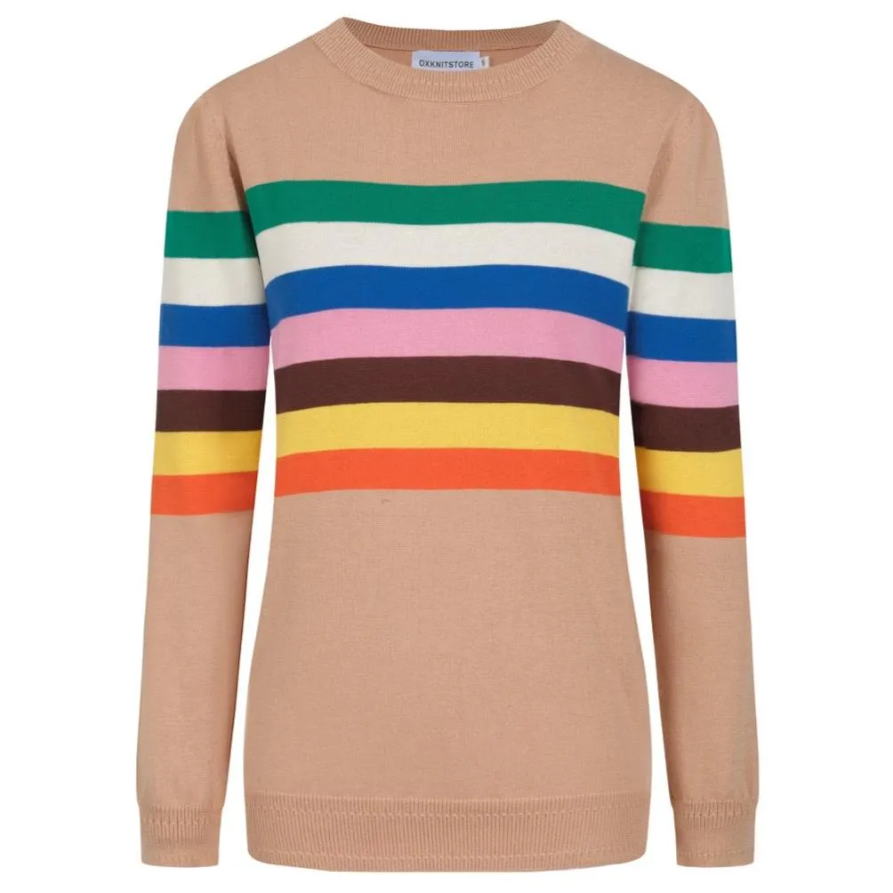 Women's vintage khaki striped knitted long-sleeved T-shirt