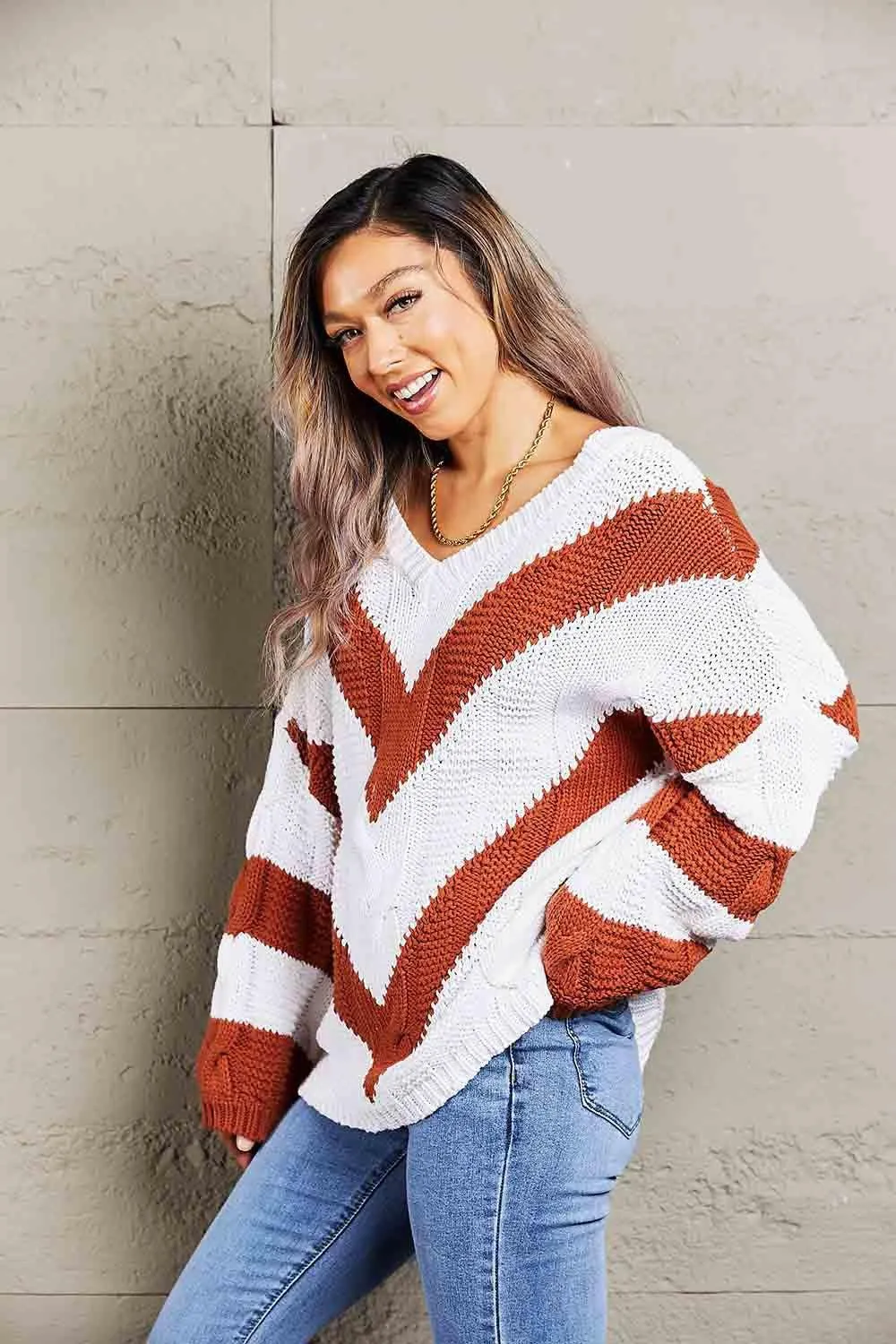 Woven Chevron Cable Knit Tunic Sweater