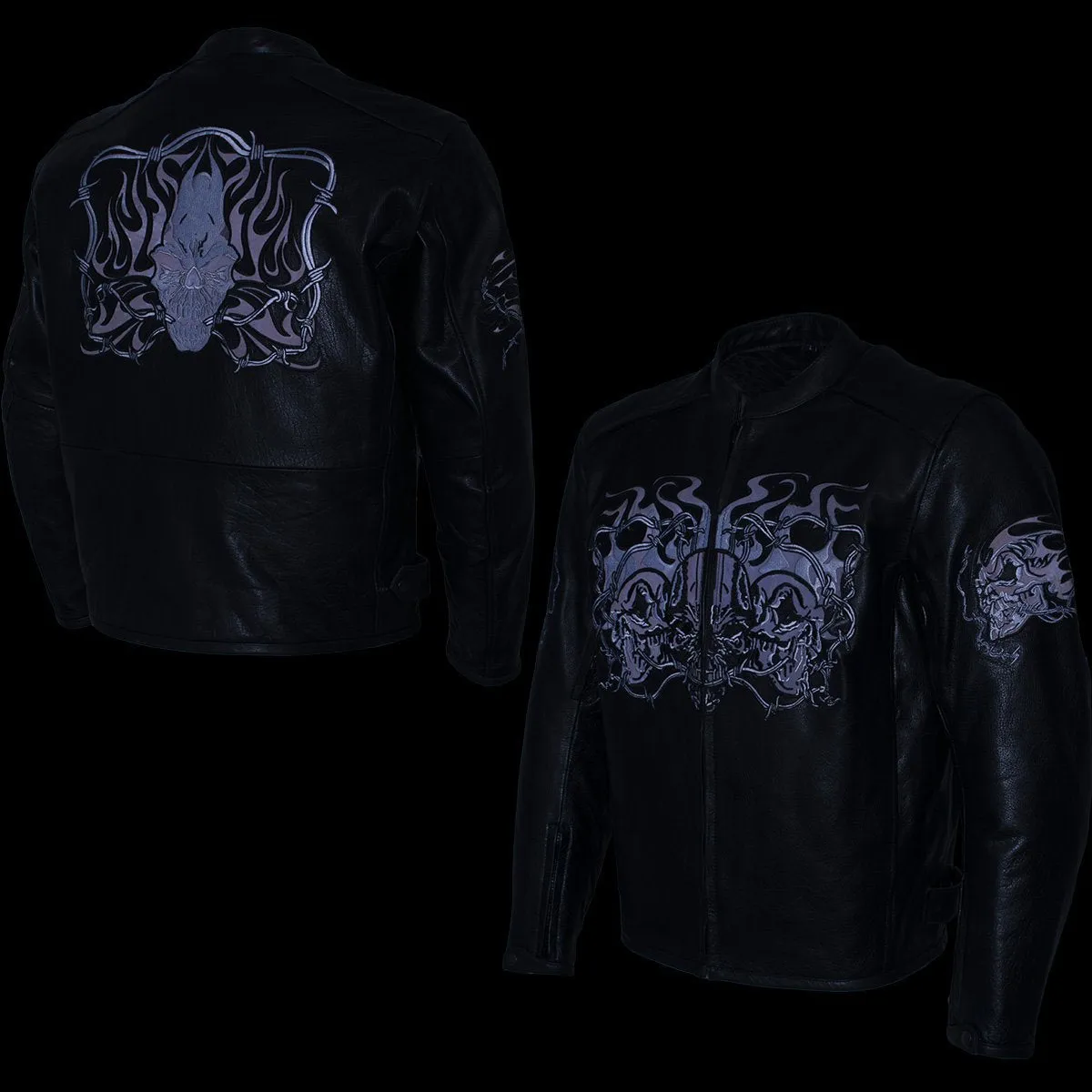 Xelement B95010 Men's 'Bones' Black Armored Cruiser Motorcycle Jacket with Reflective Skulls