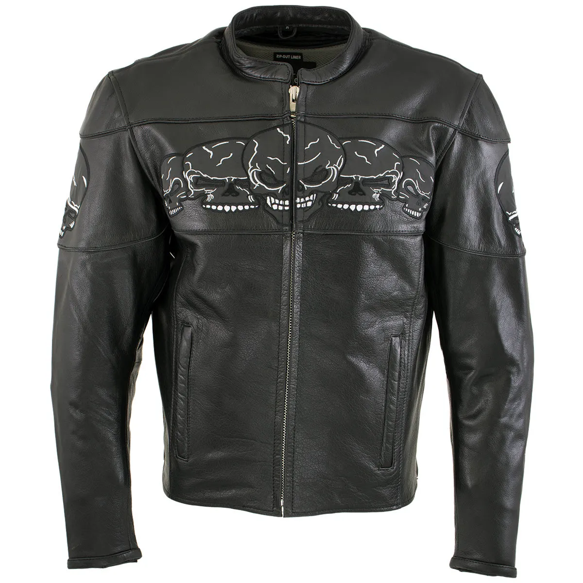 Xelement BXU6050 Men's '3 Skull Head' Black Leather Motorcycle Jacket