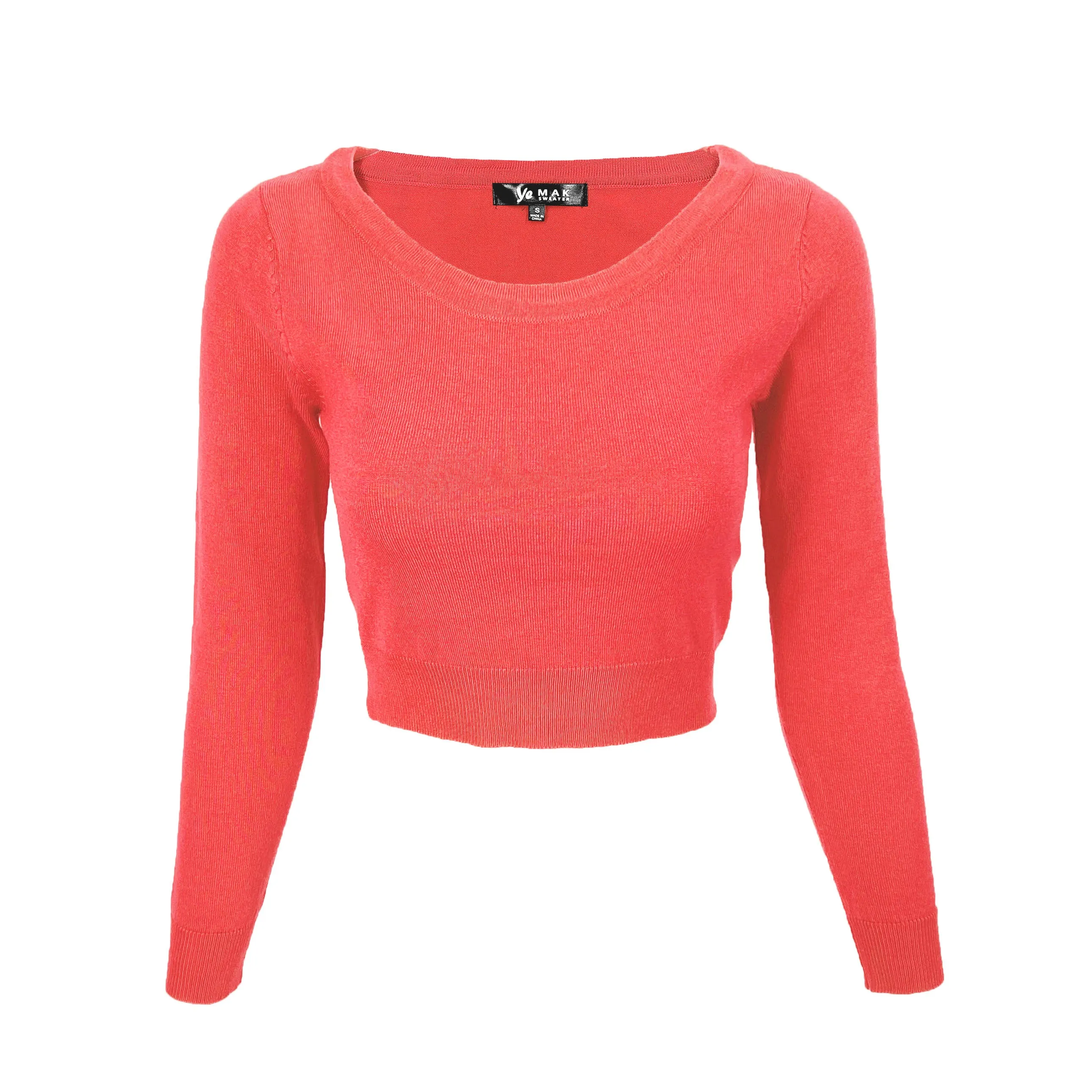 YEMAK Women's Stretch Crop Top Pullover Sweater - Long Sleeve Slim Bodycon Crewneck Basic Casual Pullover Solid  Cropped Knit Top MK3637 (S-XL)