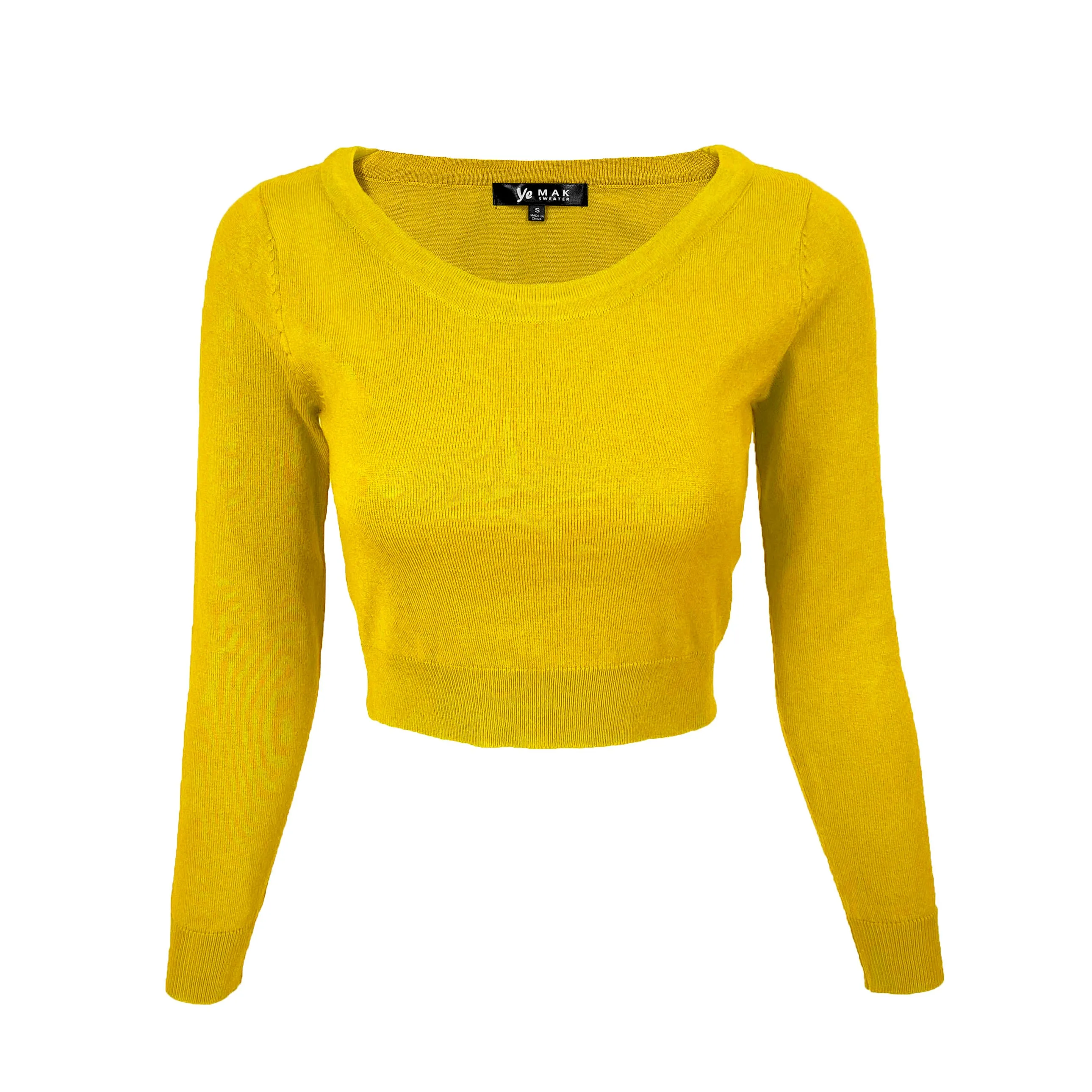 YEMAK Women's Stretch Crop Top Pullover Sweater - Long Sleeve Slim Bodycon Crewneck Basic Casual Pullover Solid  Cropped Knit Top MK3637 (S-XL)