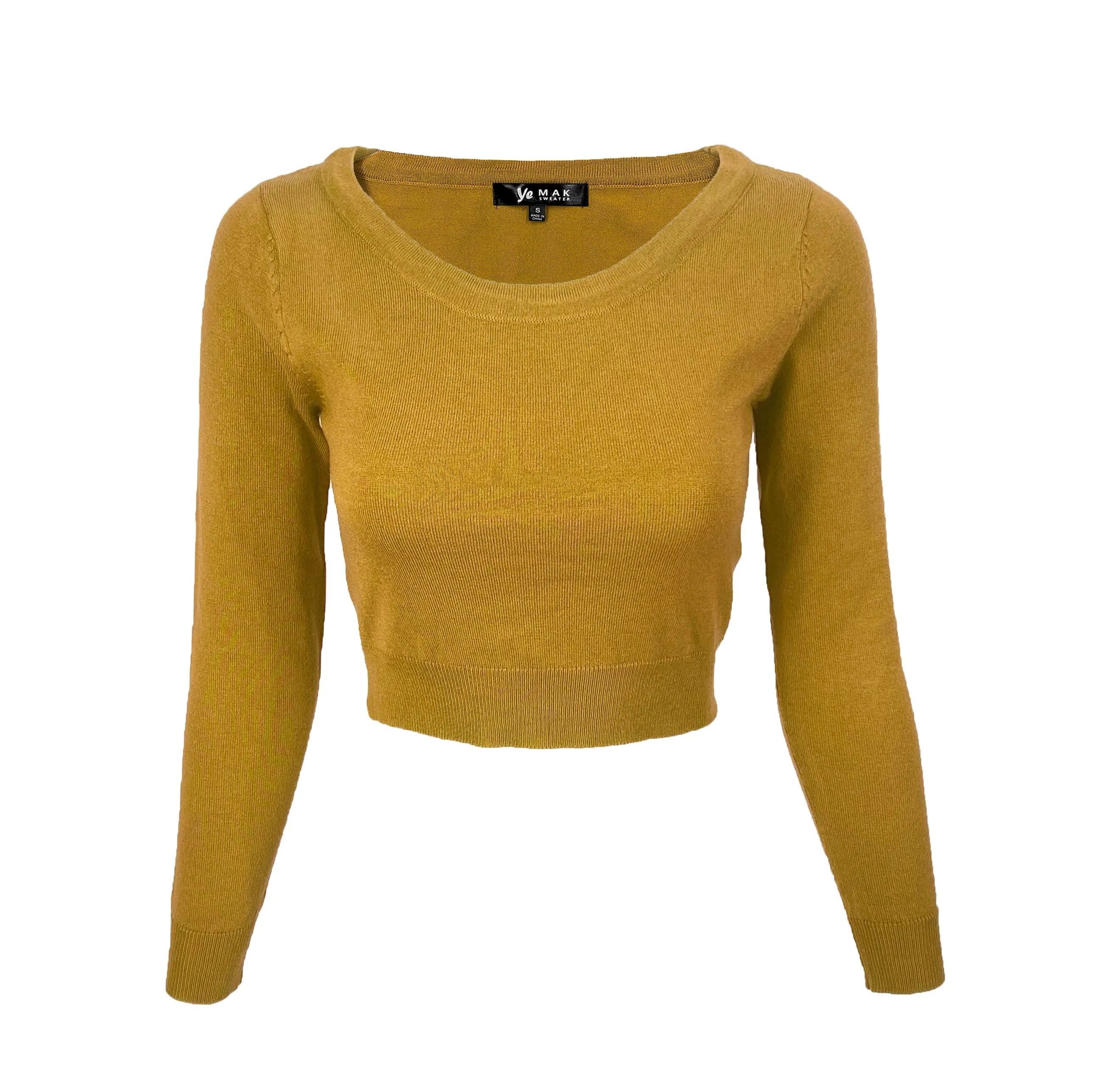 YEMAK Women's Stretch Crop Top Pullover Sweater - Long Sleeve Slim Bodycon Crewneck Basic Casual Pullover Solid  Cropped Knit Top MK3637 (S-XL)