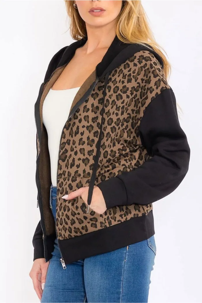 Zip Up Front Pockets Animal Print Hooded Jacket