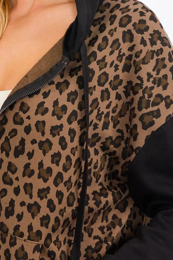 Zip Up Front Pockets Animal Print Hooded Jacket